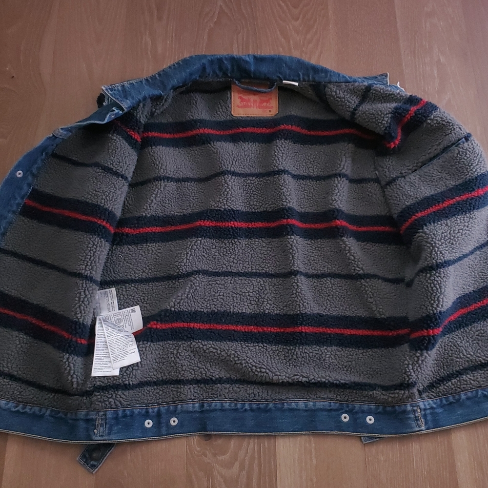 Levi's Denim Sherpa Lined Cut Sleeve Trucker Vest Jacket Size Men’s Medium - Picture 6 of 9